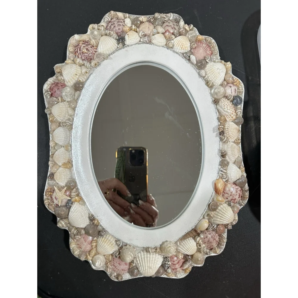 Vtg Mirror Art Ornate Seashell Adorned White Pink Vanity Easel Standing Wall 12”